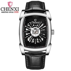 CHENXI - automatic square watch - hollow-carved design - leather strap - silver / blackWatches