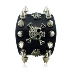 Wide leather bracelet - rivets - skull - punk style