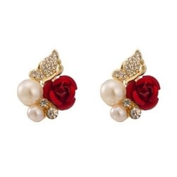 Elegant stud earrings - red rose / pearls / butterfly - crystals