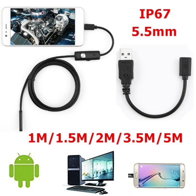 OTG USB endoskopkamera - inbyggd 6 LED - vattentät - hög upplösning - Android / Windows