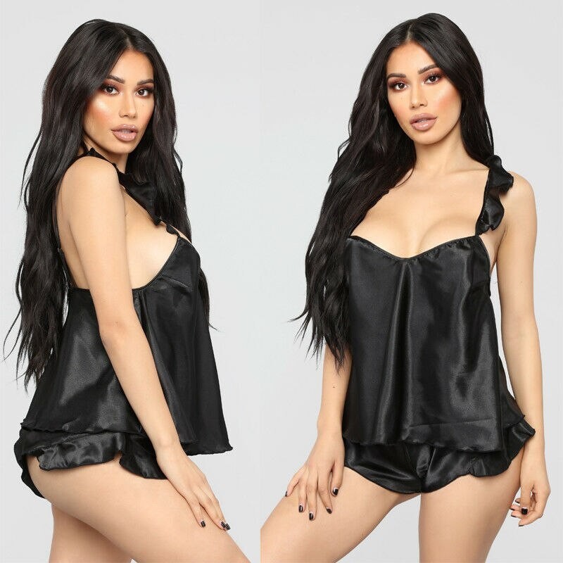 Sexig satin pyjamas - shorts - ärmlös topp - set