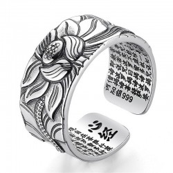 Buddhist heart sutra ring - lotus - silver - kan ändra storlek - unisex
