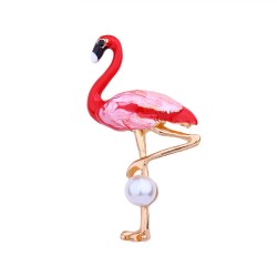 Röd flamingo med pärla - brosch