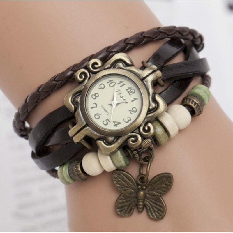 Vintage multi layer bracelet - with Quartz watch - beads / butterflyBracelets