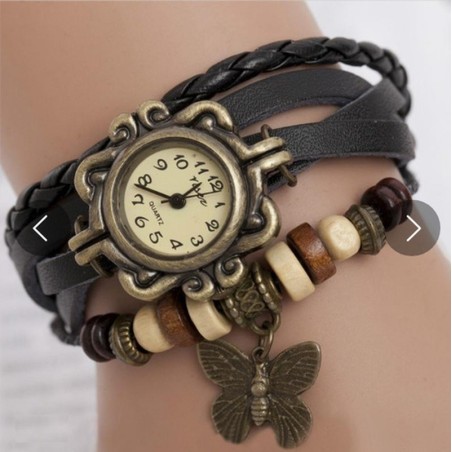Vintage flerlagers armband - med Quartz klocka - pärlor / fjäril