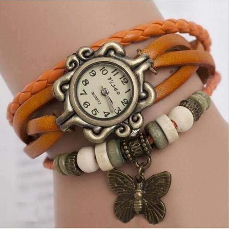 Vintage multi layer bracelet - with Quartz watch - beads / butterflyBracelets