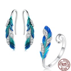 Elegant smyckeset - örhängen - ring - blågrön fjäder med kristaller - 925 sterling silver