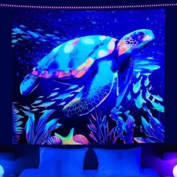 Fluorescent wall tapestry - luminous turtle - underwater world printedTextile