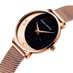 Elegant Quartz watch - stainless steel mesh strap - moon / starsWatches