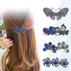 Elegant blå kristall hårnål - blommor / fjärilar / pilbåge