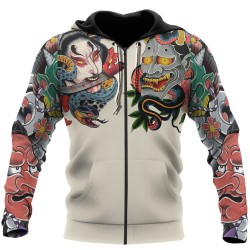 Japansk kultur - masktatuering tryckt - hoodie med dragkedja