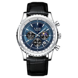 LIGE - luxury stainless steel Quartz watch - luminous - leather strap - waterproof - blueWatches