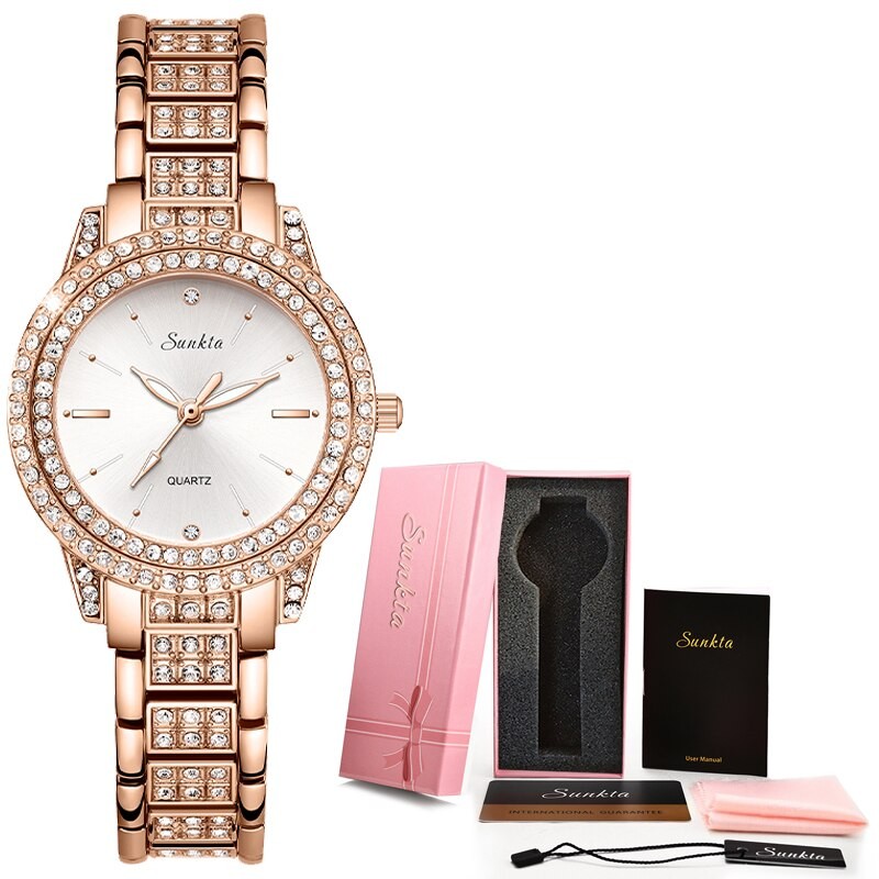 SUNKTA - elegant Quartz-klocka med kristaller - roséguld