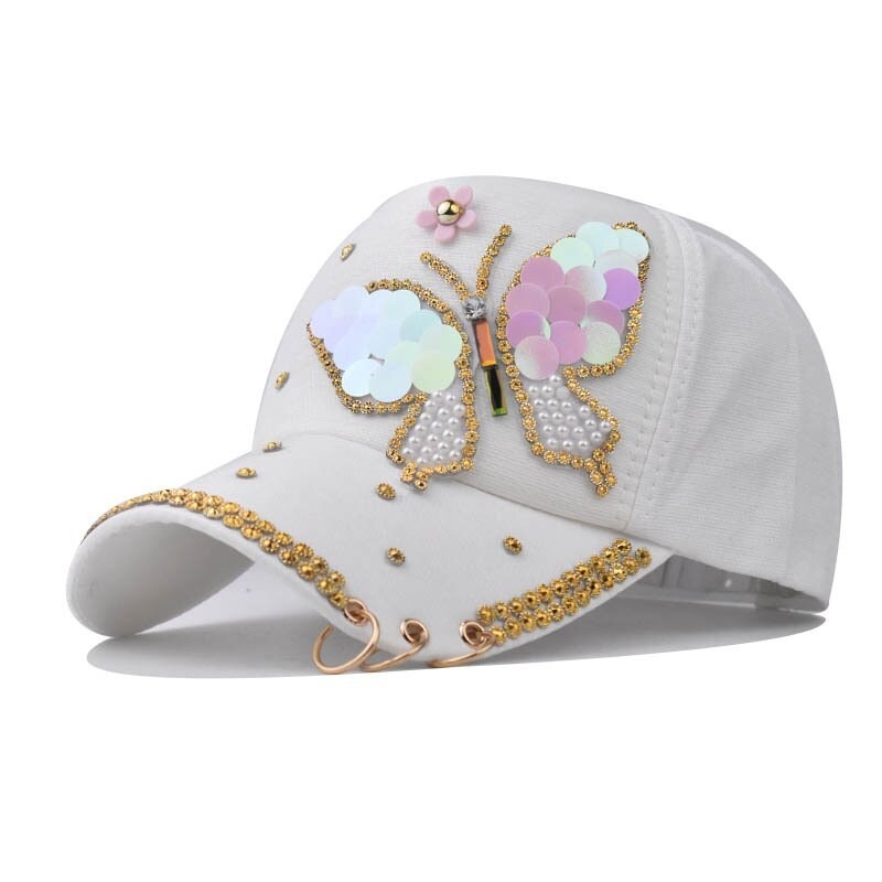 Fashionabla basebollkeps - kristaller - pärlor - paljetter - fjäril