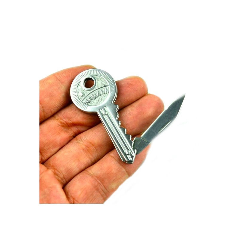 Fällbar nyckelformad kniv - med nyckelring - rostfritt stål
