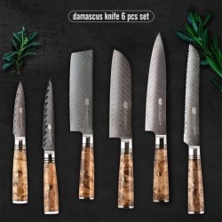 Damaskus knivset - skarpt blad - trähandtag - magnetisk hållare - 6 st