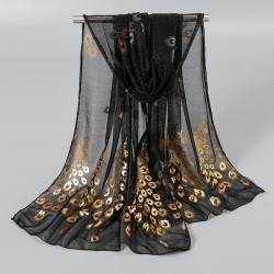 Elegant lång chiffongscarf - påfågel/fjädrar tryckta