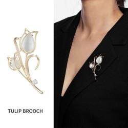 White tulip shaped brooch - with crystalsBrooches