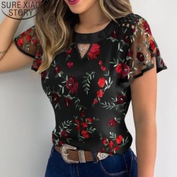 Elegant mesh blouse - floral / butterflies embroidered - short sleeveBlouses & shirts