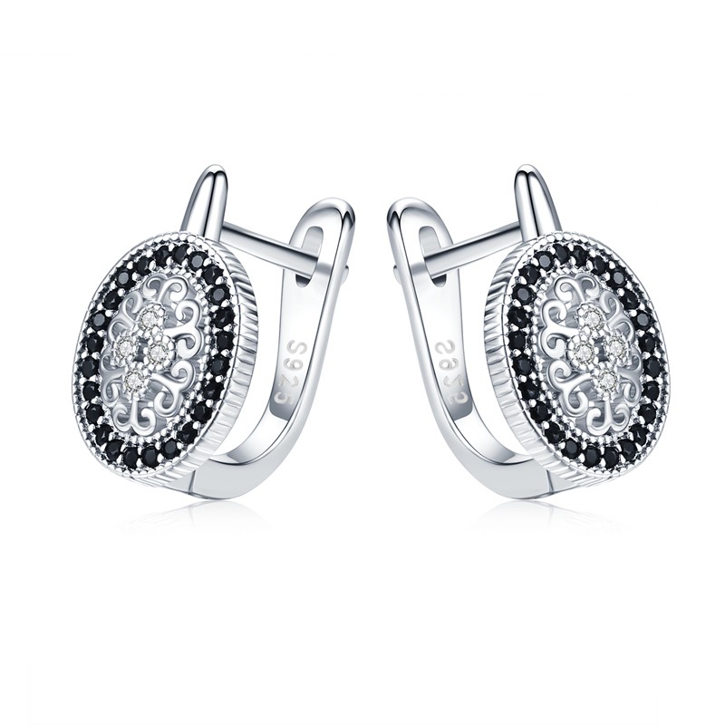 Eleganta runda silverörhängen - vita/svarta kristaller