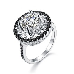 Elegant silverring - ihålig blomma - vita / svarta kristaller