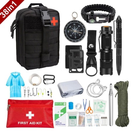 38 i 1 Survival första hjälpen kit - komplett militär set - utomhusutrustning nödutrustning