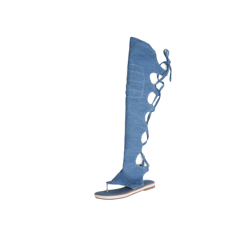 Denim cross lace up - knähög - gladiatorskor