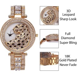 Lyx guld kvarts klocka med diamanter & leopard