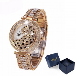 Lyx guld kvarts klocka med diamanter & leopard