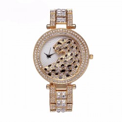Lyx guld kvarts klocka med diamanter & leopard