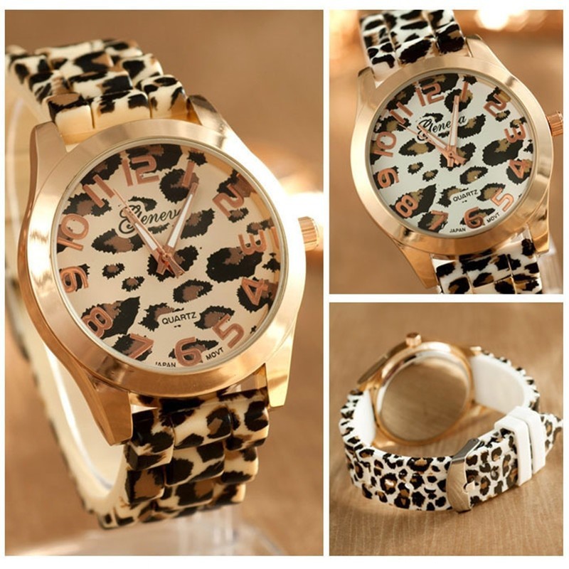 Fashionable stainless steel watch with leopard pattern - silicone bandWatches