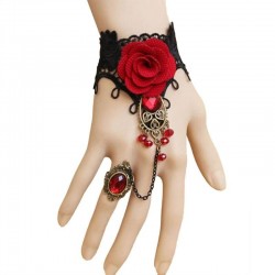gotisk stil spetsarmband med röd ros & justerbar ring